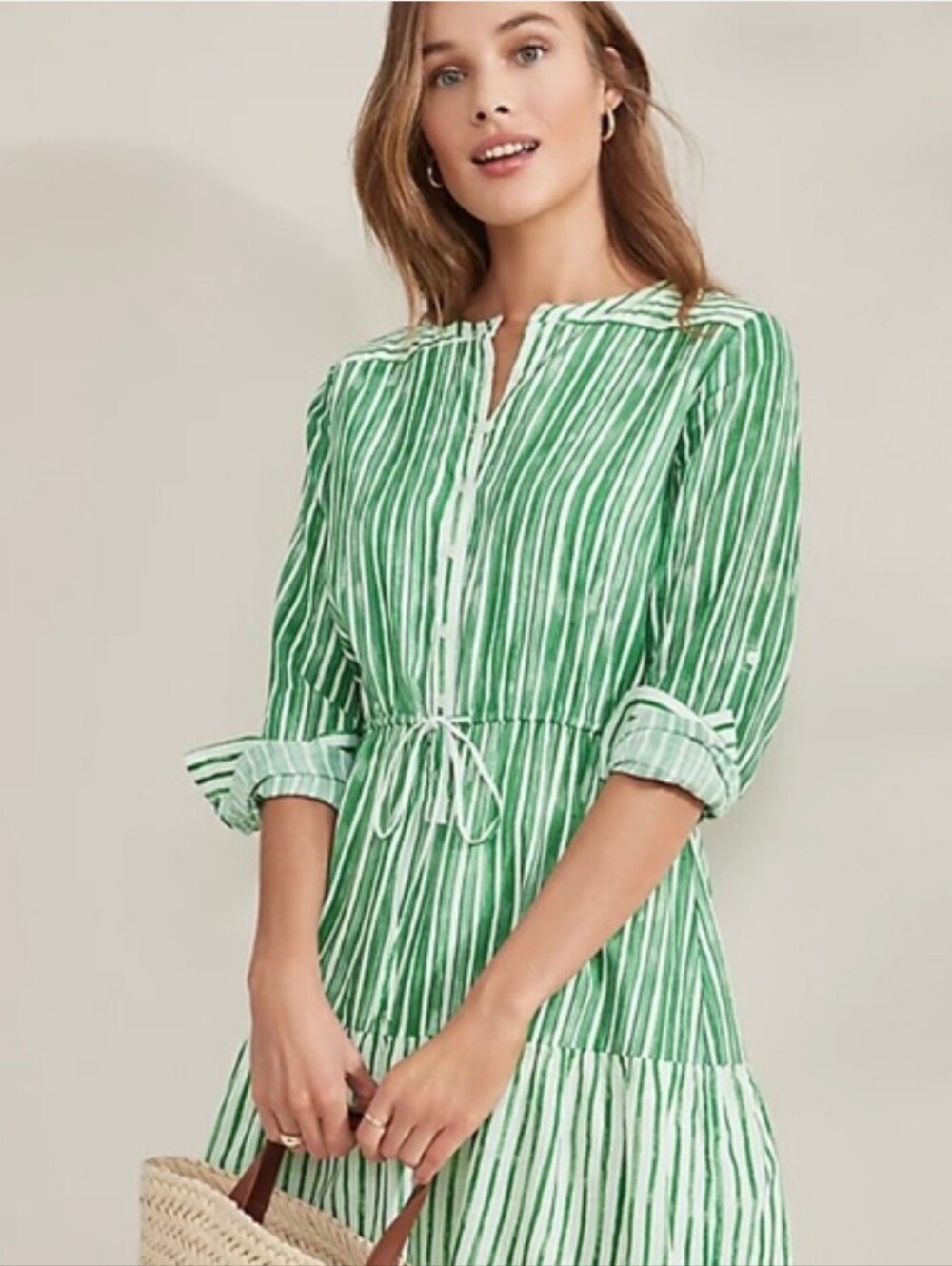 LOFT Striped Tie-Waist Long Sleeve Dress